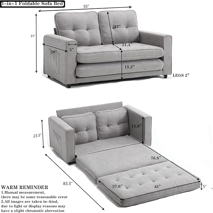 Futon Sofa Bed Convertible Folding Futon Couch Breathable Small CouchAdjustable Pull Out Chaise Lounge Couch for Compact Living Studio in Living Room and Bedroom Offices Loveseat (Light Gray)