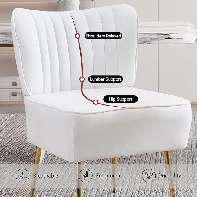 Accent Chair Set of 6 Upholstered Velvet Wingback Side Chairs Modern Armless Living Room Chairs with Golden Legs Vanity Chair for Bedroom White