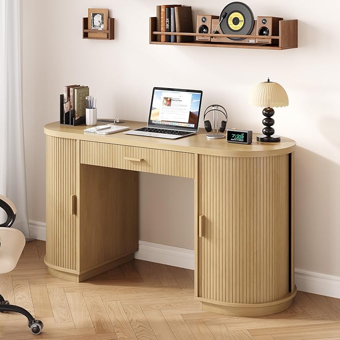 ONBRILL 58 Inch Fluted Executive Desk with Drawers Large Computer Desks with Storage Mid Century Modern Office Desk with Charging Station for Home Office Living Room Bedroom (Oak)