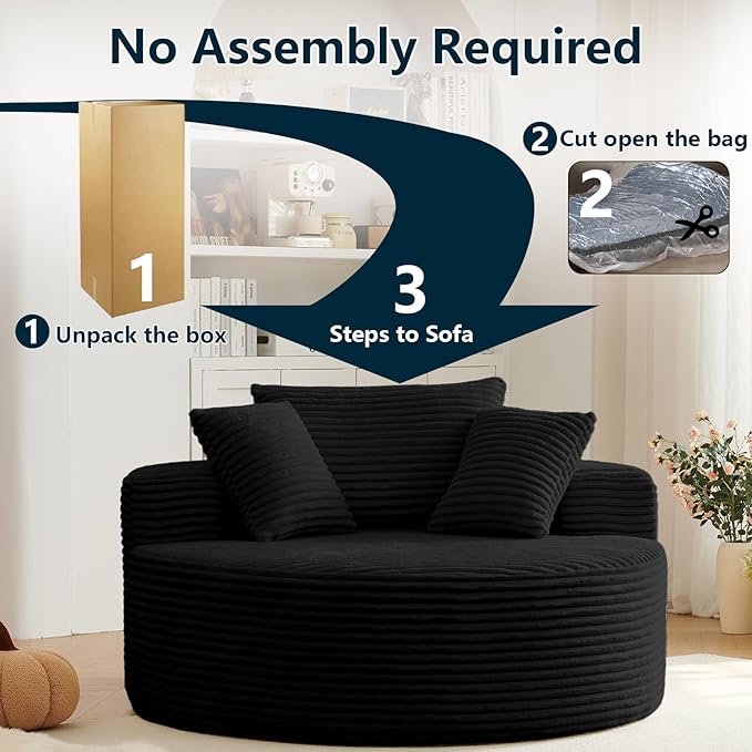 55''L Oversized Round Chaise Longue Chair Indoor Corduroy Sponge Single Sofa Oversized Round Chairs Modern Sleeper Chair for Living RoomProjection Room Wide Armrest Chairs Black