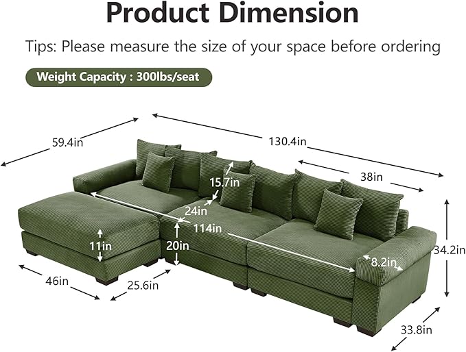 130.4 Oversized Modular Sectional Sofa Corduroy Large Sectional Couches for Living Room 3 Seater Couches with 1 Movable Ottoman Modern Deep Seat Sofa Set L Shaped Green