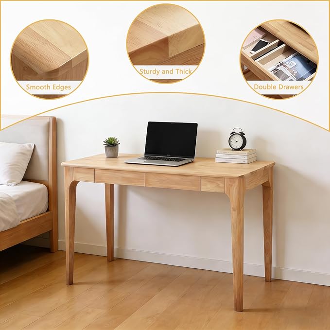 47 Solid Wood Writing Desk Small Computer Desk with Drawers Walnut Study Table with File Drawer Simple Office Desks with Storage for Home Office Bedroom Study Room (Natural)