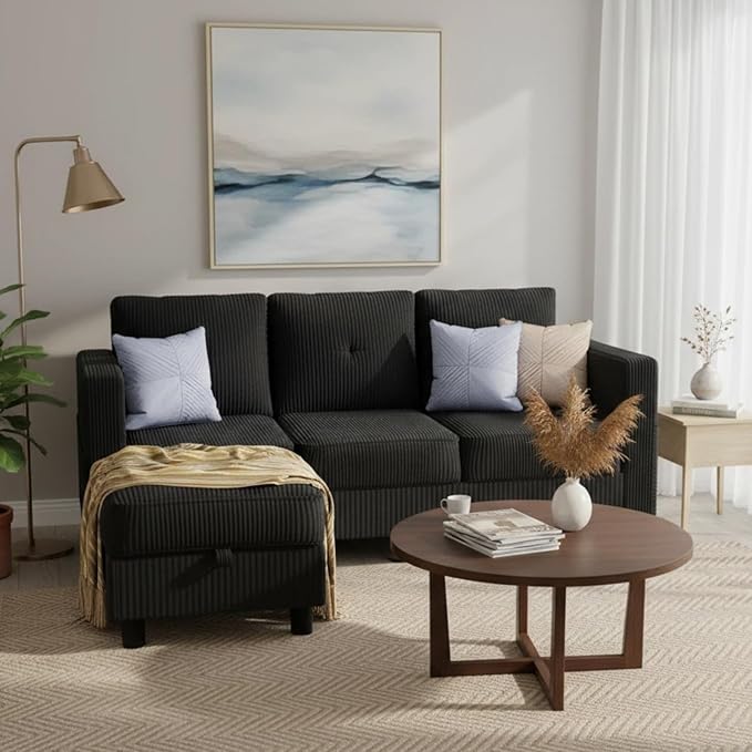 JAMFLY Convertible L-Shaped Sectional Sofa with Reversible Storage Ottoman 3-Seat Couch with Side Pockets Modern Compact Furniture for Small Apartments Studios &amp Lofts Black