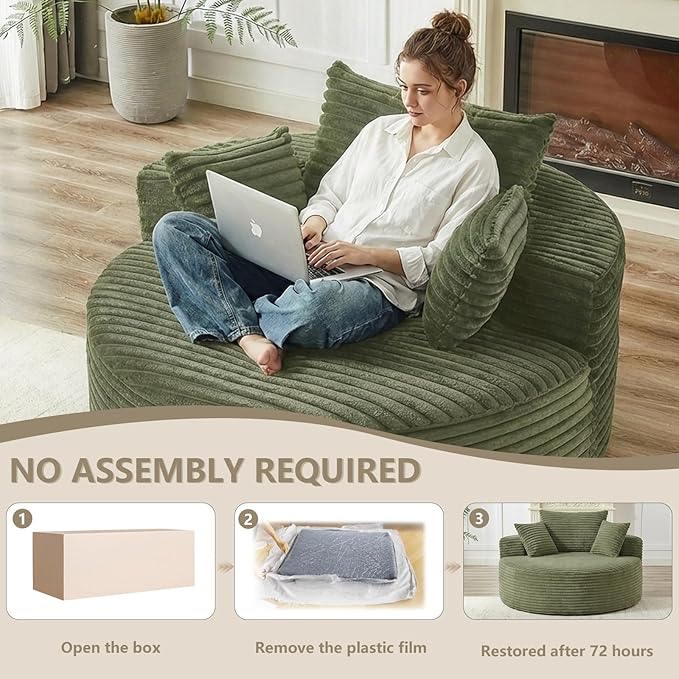 55 L Corduroy Sponge Single Sofa Oversized Round Chair Fluffy Modern Sleeper Chairs for Living Room Lounge and Projection Room Wide Armrest Lounge Chairs Armchair with Pillow Green