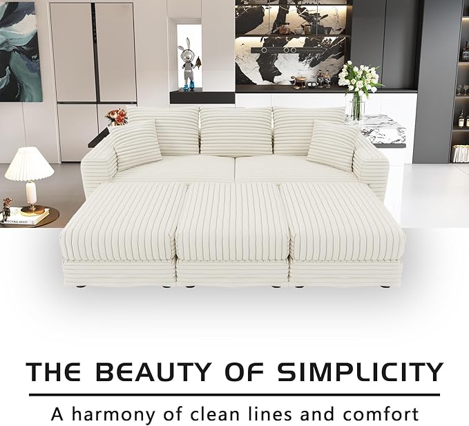 82.7'' Oversized Corduroy Couch Modular Sectional Sofa with 3 Ottomans Sleeper Sofa Bed Full Size Upholstered 3 Deep Seat L Shape Sofa Convertible Cloud Couches for Living Room Beige