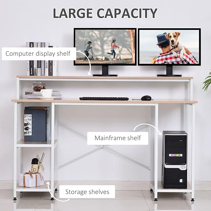 55 Inch Home Office Computer Desk Study Writing Workstation with Storage Shelves Elevated Monitor Shelf CPU Stand Durable X-Shaped Construction Oak Wood Grain