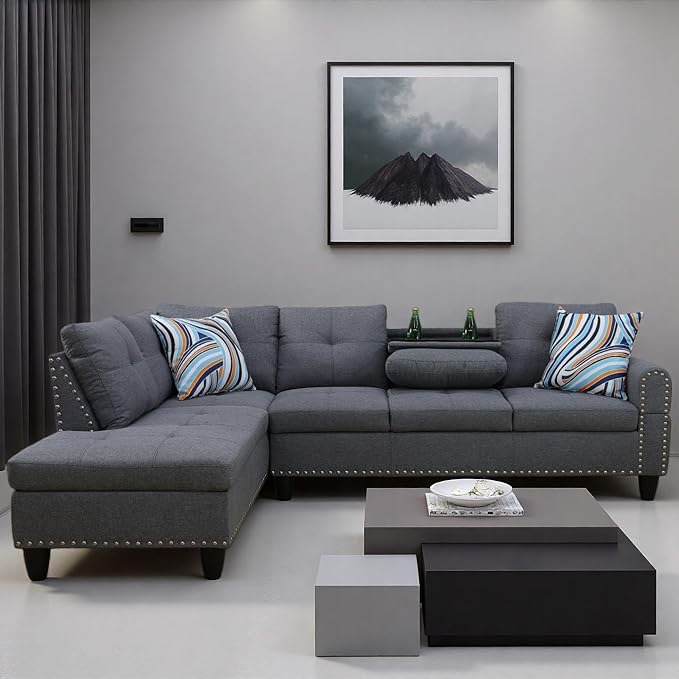 L Shape Sectional Couch with Chaise 97.5 Inch Modular Sofa with Cup Holders Sectional Couches for Living Room Ergonomic Reclined Backrest for Office and Small Apartment Grey