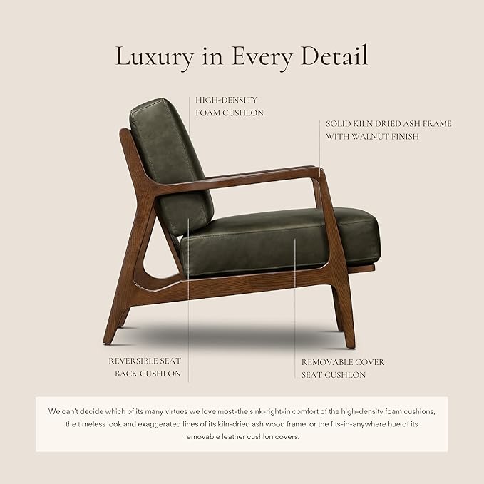 Poly &amp Bark Verity Leather Accent Chair – Armchair with Walnut Wood Frame – Fashion-Forward Lounge Seating for Living Room – Upholstered in Olivine Green Leather for Modern Style