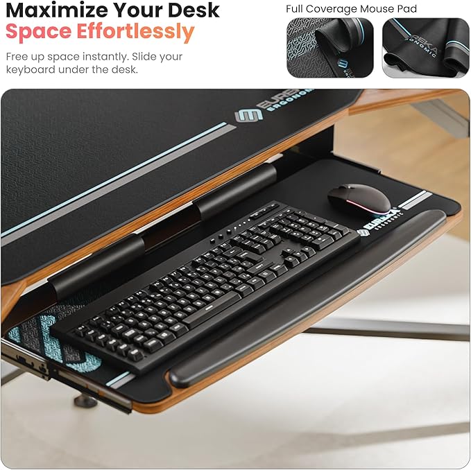 EUREKA ERGONOMIC 72 Gaming Desk W Keyboard Tray Wing-Shaped Music Studio Desk Large Computer Table W LED Convertible Monitor Stand Dual Headphone Hanger for Recording Live Streamer Walnut Wood