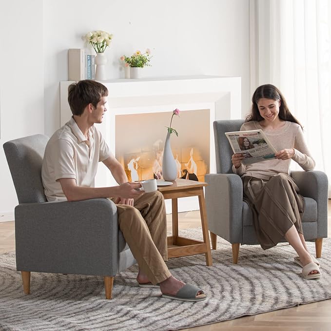 COLAMY Modern Accent Chairs Living Room Chairs Set of 2 Fabric Reading Side Arm Chair Upholstered Single Sofa with Lounge Seat and Wood Legs Light Grey