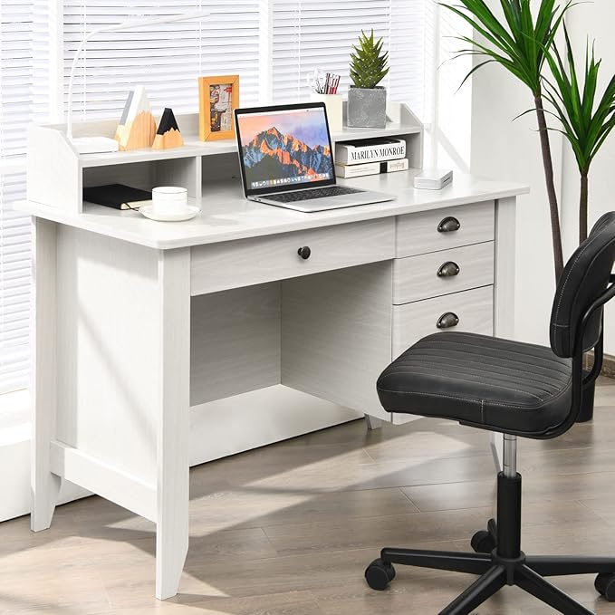 Tangkula White Desk with 4 Storage Drawers &amp Hutch Home Office Computer Vintage Desk Writing Study Table with Storage Shelves Wooden Executive Desk (White)