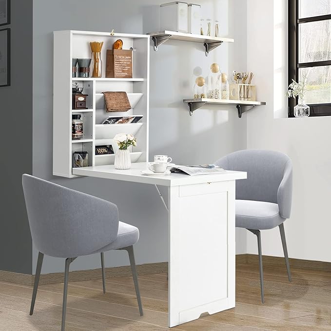 Wall Mounted Desk Wood Collapsible Floating Desk Convertible Computer Desk with Storage Area Hanging Fold Out Table for Home Office Small Spaces (White)