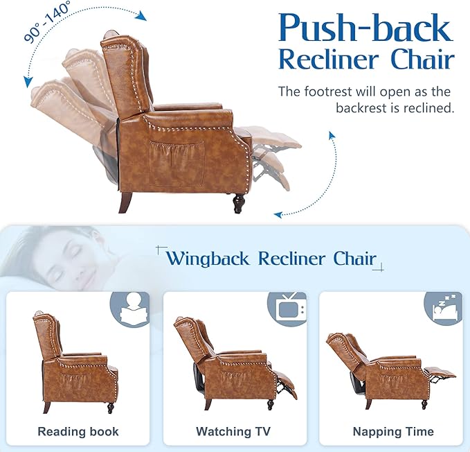 Wingback Recliner Chair with Massage and Heat Tufted PU Leather Push Back Recliner Chair for Living Room Vintage Wingback Chair with Remote Control Padded Cushion Backrest Wooden Legs