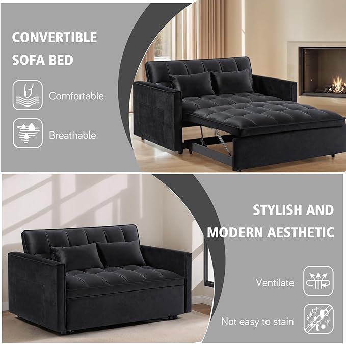 3 In 1 Velvet Convertible Sofa Bed Pull Out Couch Bed with Reclining Backrest And 2 Pillows 54 Full Size Loveseat Sleeper Sofa Futon Couch Bed Couches For Small Spaces Living Room (Black)