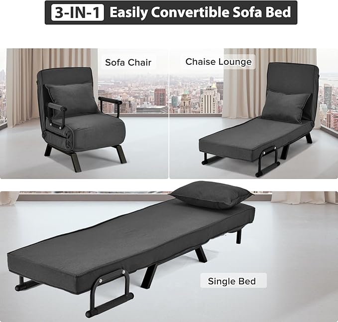 Convertible Sofa Bed Sleeper ChairSingle Person Chaise Lounge Couch with PillowUpholstered Lazy Bed with 6 Angles Adjustable BackrestFolding Sofa Arm Chair for Apartment/Office/Home (Dark Gray)