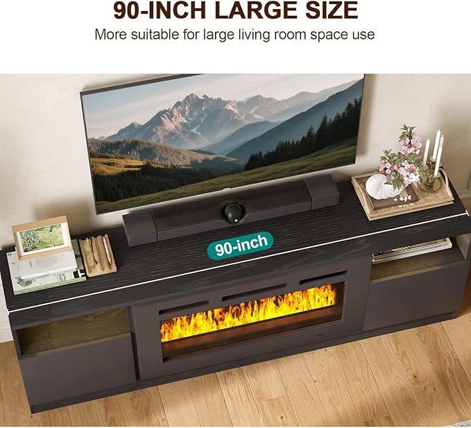 oneinmil 90” TV Stand with 50” Electric Fireplace Large Modern Media Entertainment Center with Storage Cabinet and 12 Colors LED Lights for TVs Up to 100 Black+Black
