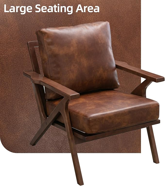 INZOY Mid-Century Modern Accent Chair with Wood Frame PU Leather Living Room Chair and Soft Thick Padded Armchair for Living Room Bedroom Reception with Removable Upholstered Cushions Reddish Brown