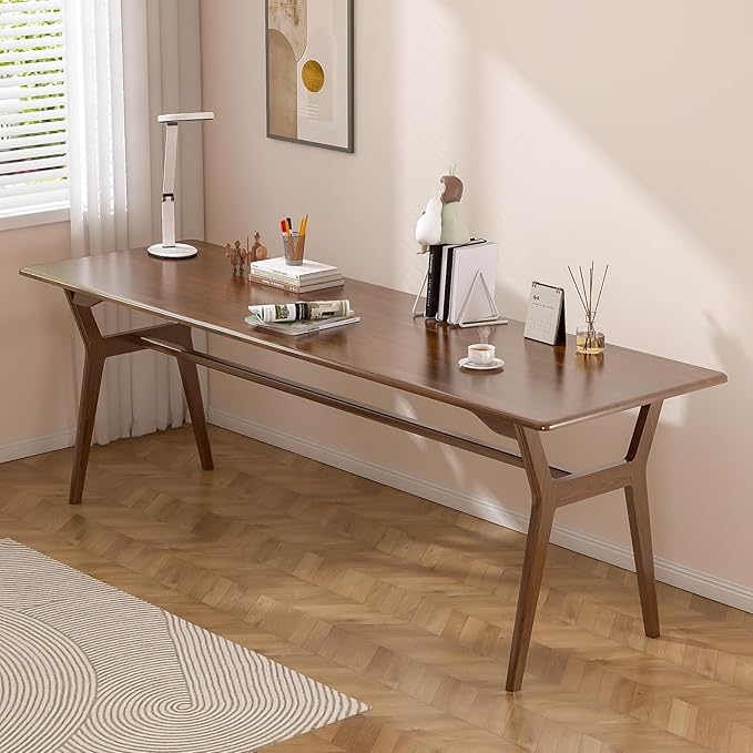 Solid Wood Study Desk - 78.8 Double Long Computer Table for Home Office 2-Person PC Workstation Walnut