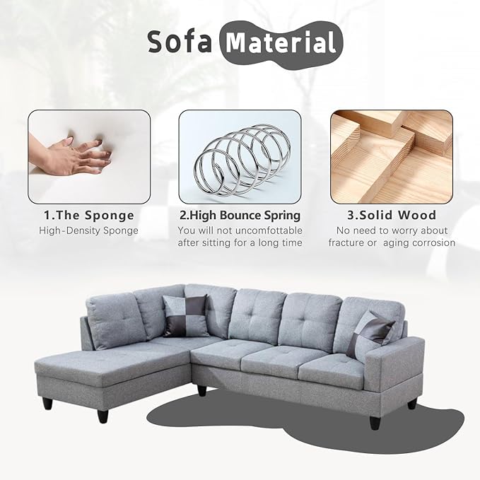 L-Shaped 3-Piece Linen Sofa with Storage Ottoman Set Sectional Couch Sofa Set for Living Room Office Small Space Grey