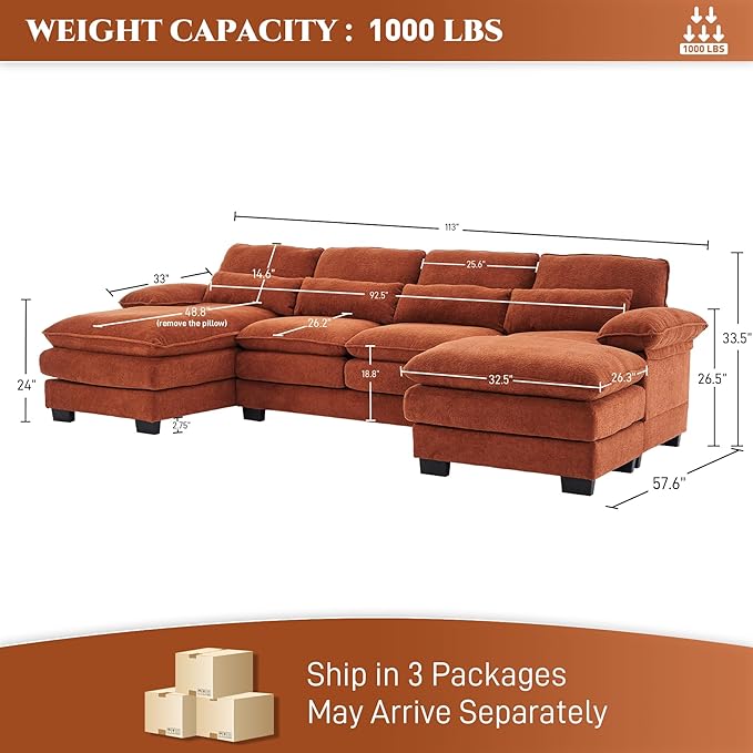 OUYESSIR 113 U Shape Sectional Cloud Couch with OttomanFluffy Sectional Couches for Living Room4 Seater Modular Sectional SofaComfy Cloud Sofas &amp Couches with 4 PillowsOrange