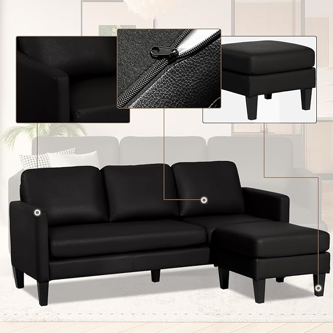 Leather L-Shaped Faux Leather Sofa Couch - Convertible Sectional Sofa - 3 Seat Couch with Chaise - Black