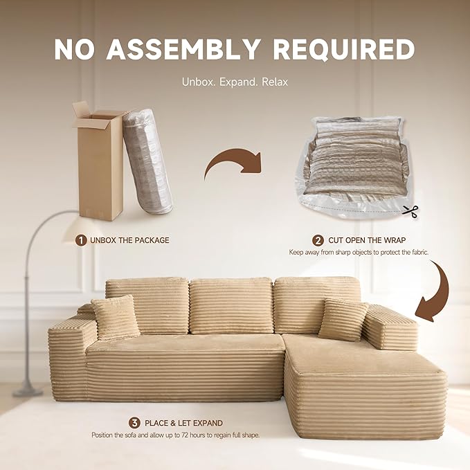 106″ Modular Sectional Sofa L-Shaped Chaise Lounge Cloud Couch with Deep Seat Convertible Boneless Sectional Couches for Living Room No Assembly Required Beige Plush Corduroy