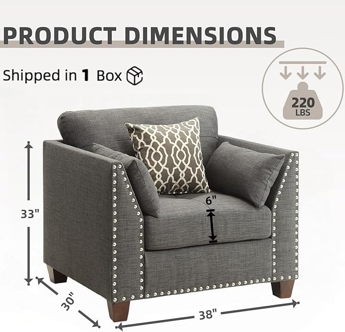 Dreamzie Modern Linen Accent Chair Upholstered Armchair with Nailhead Trim &amp 3 Throw Pillows Single Sofa Reading Chair for Living Room &amp Bedroom Solid Wood Legs (Light Gray)