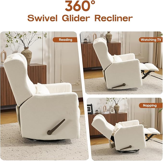 Swivel Rocker Recliner for Adults Glider Recliner Nursery Chair with Adjustable Headrest Manual Rocker Recliner with Cup Holder and Side Pockets White