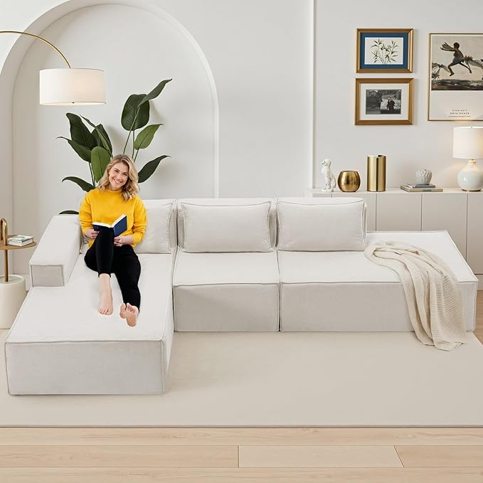 129 Modular Sectional Sofa L-Shaped Cloud Couch with Extra Long Chaise Lounge Oversized Chenille Boneless Sofa Set for Living Room Comfy Floor Seating No Assembly Required