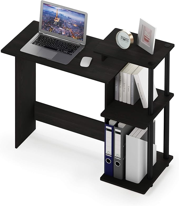 Furinno EFFICIENT Desk 28.6 Wide Gaming Desk with 3 Open Side Shelves Laptop Notebook Computer Desk Office Desk for Home Office Study Room Dorm Bedroom Espresso