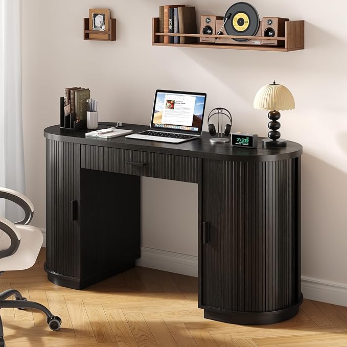 ONBRILL 58 Inch Fluted Executive Desk with Drawers Large Computer Desks with Storage Mid Century Modern Office Desk with Charging Station for Home Office Living Room Bedroom (Black)