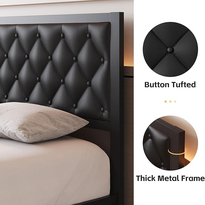 Queen Bed Frame with Headboard PU Leather Upholstered Bed Frame PlatformAll Metal Slats Support Platform Bed Frame with Storage SpaceEasy AssemblyNoise FreeNo Box Spring NeededBlack