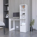 Penau Stylish White Office Desk with Integrated Bookcase Lower Cabinet for Storage Durable Particle Board Construction 58.27 Inches Height 38.78 Inches Width
