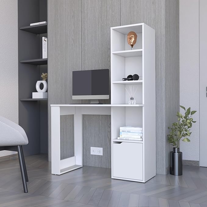 Penau Stylish White Office Desk with Integrated Bookcase Lower Cabinet for Storage Durable Particle Board Construction 58.27 Inches Height 38.78 Inches Width