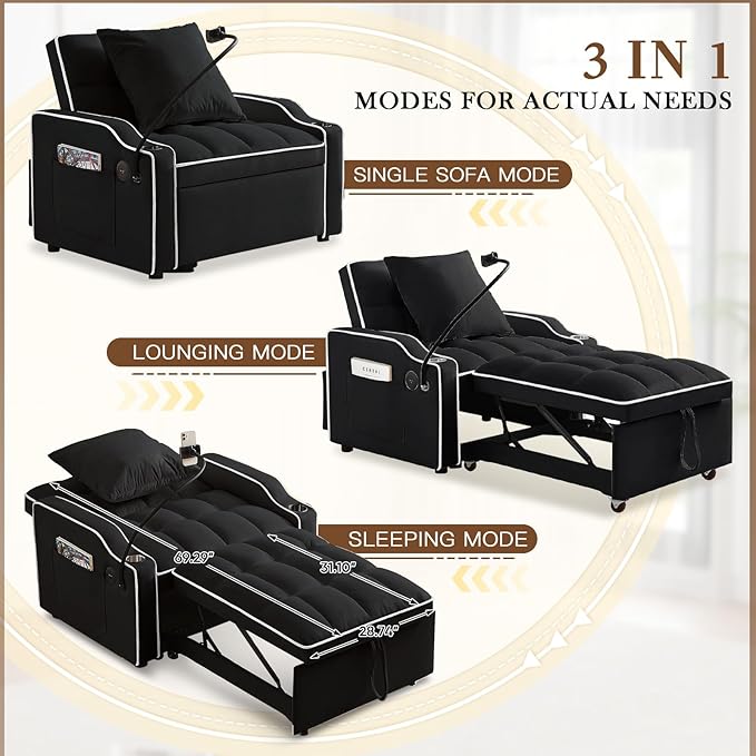 Convertible Sleeper Sofa Chair Bed 3 in 1 Tufted Velvet Pull Out Sleeper Chair with Adjustable Backrest &amp Phone Holder Modern Single Sofa for Living Room Small Spaces Apartment Black