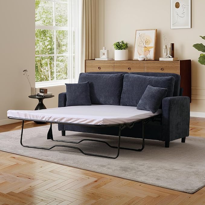 Full Size Pull Out Sofa Bed 3 in 1 Chenille Convertible Loveseat Sleeper Sofa Bed with Memory Form Mattress Pull Out Couch with Square Arms &amp Plillows for Living Room Bedroom Small Space(Grey)