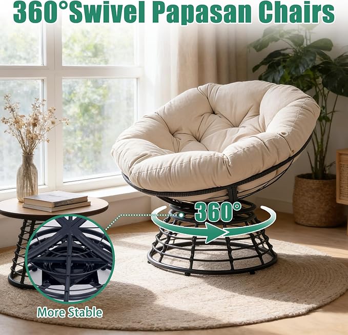 43 Ergonomic 360° Swivel Papasan Chair Wicker Round Chair with Thick Cushion Lounge Chair for Living Room Bedroom Reading Nook Indoor Outdoor Use (Black + Light Gray)