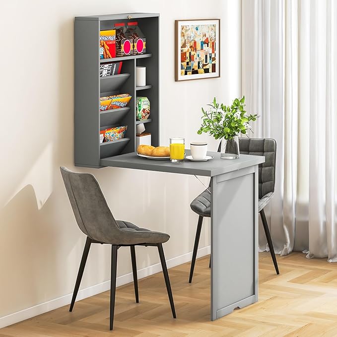 Wall Mounted Desk Wood Collapsible Floating Desk Convertible Computer Desk with Storage Area Hanging Fold Out Table for Home Office Small Spaces (Grey)