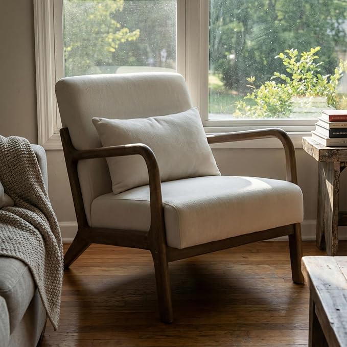 Modern Accent Chair Cotton Linen Fabric Upholstered Lounge Armchair with Solid Wood Frame for Living Room Bedroom Reading Nook (White1)