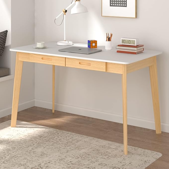 ECACAD Computer Desk with 2 Drawers 47” Home Office Desk Writing Study Working Table for Bedroom White