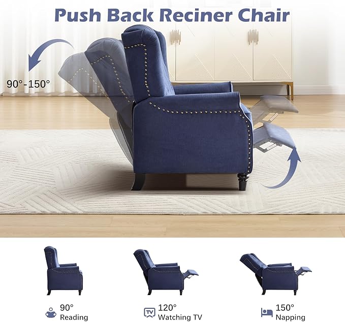 EBELLO 2 Pcs Push Back Recliner Chair Fabric Accent Chair Pushback Recliner with Rivet Decoration Button-Tufted Back Mid Century Wingback Armchair for Living Room Bedroom Blue
