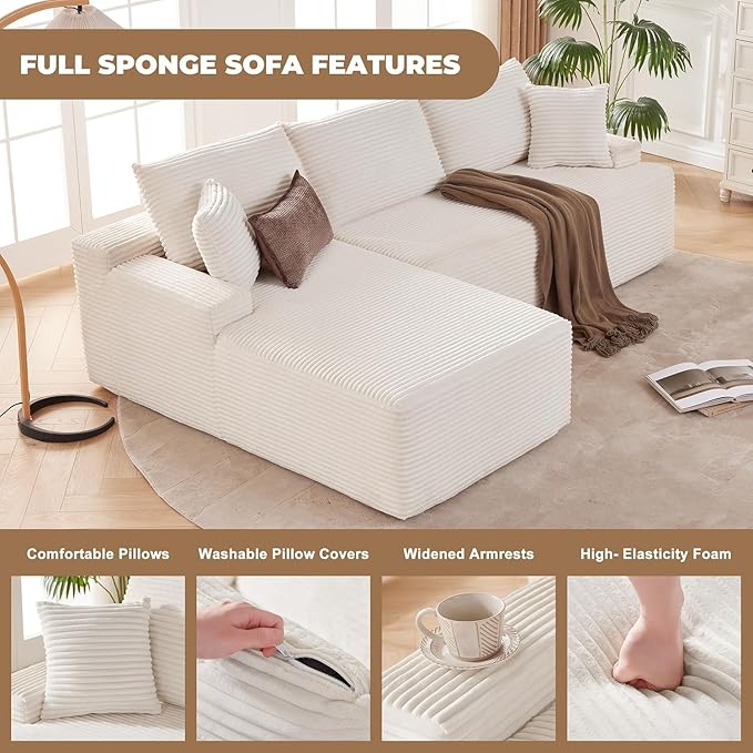 104'' Corduroy Boneless Couch for Living Room Modular Cloud Sectional Couches with Deep Seat Comfy Fluffy Sofas with L-Shaped ChaiseNo Assembly Required2PC Free Combination (White)