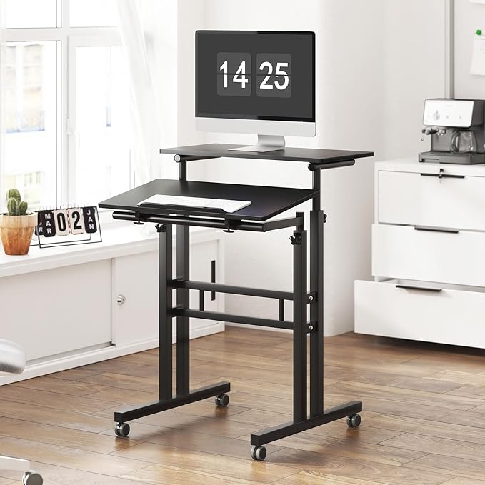 sogesfurniture Mobile Standing Computer Desk for Home Office Height Adjustable Laptop Workstation on Wheels with Keyboard Tray Small Portable Rolling Writing Table Sit to Stand Riser Black