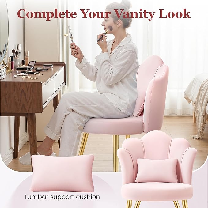 Petal Makeup Vanity Chair with Back Flower Chair Comfy No Wheels for Girls Women Makeup Chair with Golden Metal Legs &amp Lumbar Pillow for Living Room/Makeup Room/Bedroom/Home Office - Pink