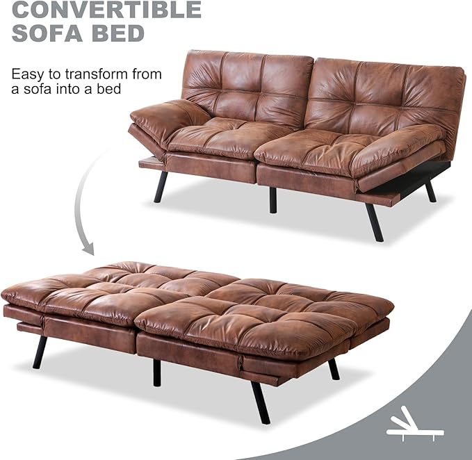 Futon Sofa Bed Convertible CouchMemory Foam Futon Sofa CouchSleeper Futons Sofa CouchesSmall Splitback Modern Loveseat Sofa Bed for Living RoomOfficeApartmentFaux LeatherBrown.