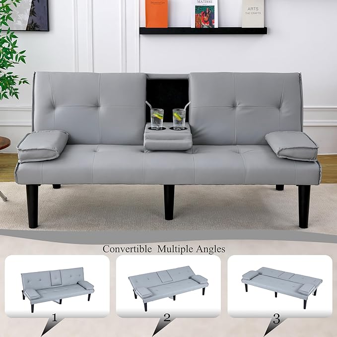 67Modern Futon Sofa BedConvertible 3 in 1 Sleeper Bed Couches with Adjustable BackrestCup HoldersComfy PU Leather Recliner Sofa Loveseat with Chrome Legs for Small Home Living Room (Grey)