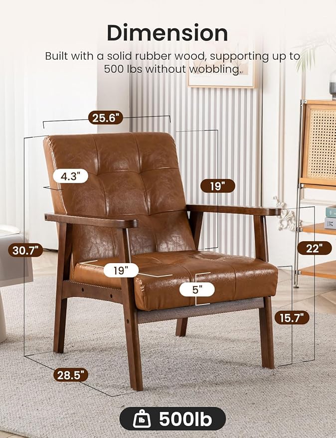 Mid-Century PU Leather Accent Chair Set of 2 Living Room Comfy Bedroom Chairs for Small Spaces Modern Brown Reading Nook Armchair with Solid Wood Legs