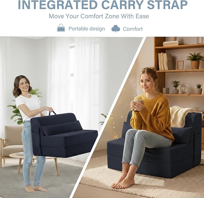 Tiita Convertible Folding Sofa Bed Single Size for Adults with Pillow Plush Fabric Floor Mattress Couch Bed Washable Cover &amp Side Pocket Guest Room Dorm Apartment Living Room Navy