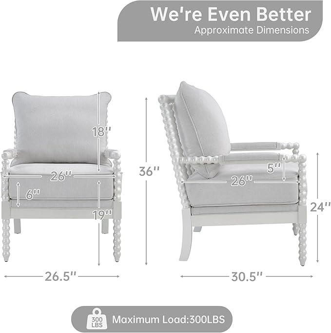 Morden Fort Linen Fabric Spindle Accent Chair with Wood Frame French Style Accent Chairs with Padded Spring Seat and Armrest Pads Brushed Base for Living Room Bedroom Farmhouse Office Balcony
