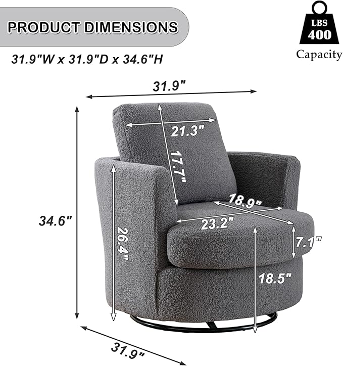 Swivel Barrel Chair 360 Degree Round Swivel Accent Chair for Living Room Modern Upholstered Accent ChairComfy Armchairs for BedroomNurseryBedroom Boucle Gray